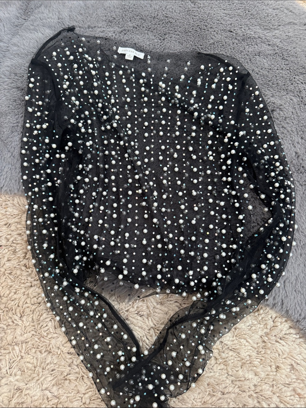 Sheer Black Pearl-Embellished Long Sleeve Top